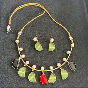 Gold-Tone Multicolor Stone Necklace & Earring Set - Green, Red, Black